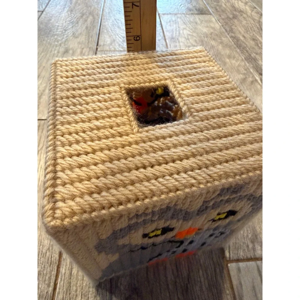 Needlepoint Tissue Box Cover Owl Moon Plastic Canvas Handmade Home Halloween